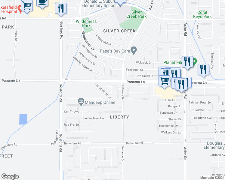 map of restaurants, bars, coffee shops, grocery stores, and more near 7415 Henness Court in Bakersfield