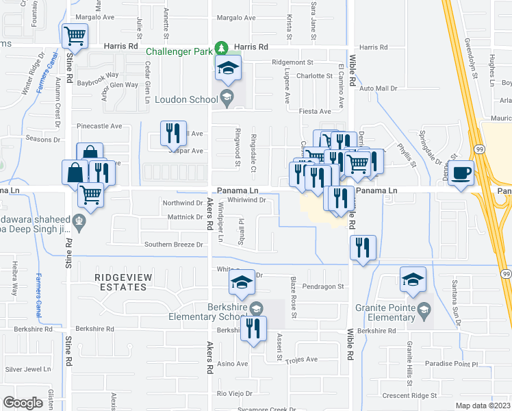 map of restaurants, bars, coffee shops, grocery stores, and more near 3805 Whirlwind Drive in Bakersfield