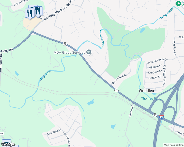 map of restaurants, bars, coffee shops, grocery stores, and more near 10235 Mount Holly Road in Charlotte