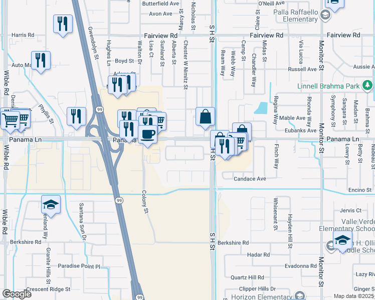 map of restaurants, bars, coffee shops, grocery stores, and more near 6504 Hidden Cove Court in Bakersfield