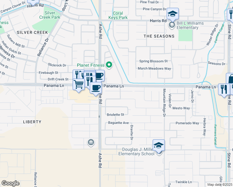 map of restaurants, bars, coffee shops, grocery stores, and more near 6121 Goldstone Drive in Bakersfield
