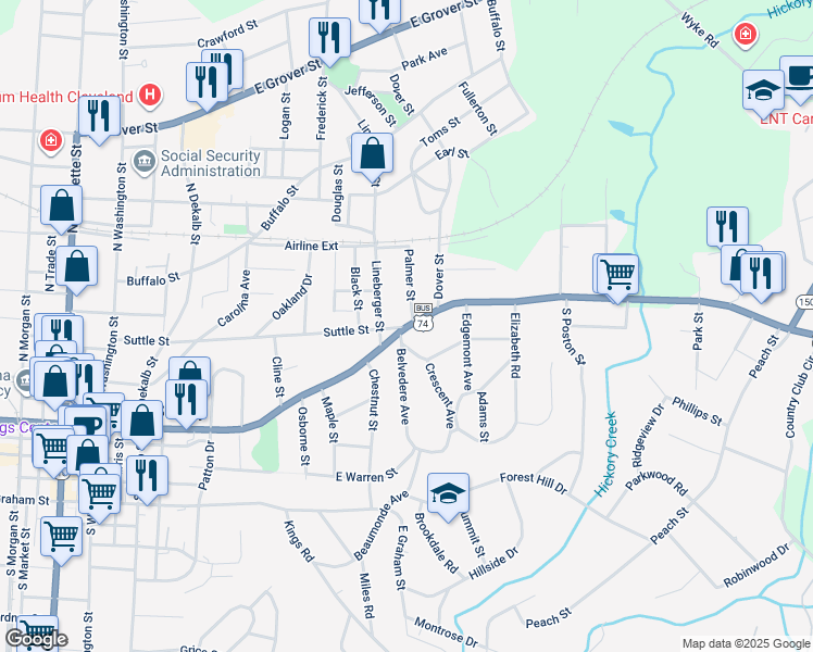 map of restaurants, bars, coffee shops, grocery stores, and more near in Shelby