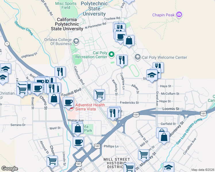 map of restaurants, bars, coffee shops, grocery stores, and more near 148 Orange Drive in San Luis Obispo