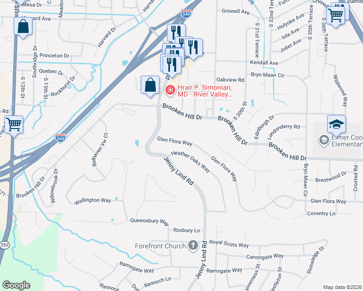 map of restaurants, bars, coffee shops, grocery stores, and more near 2608 Glen Flora Way in Fort Smith