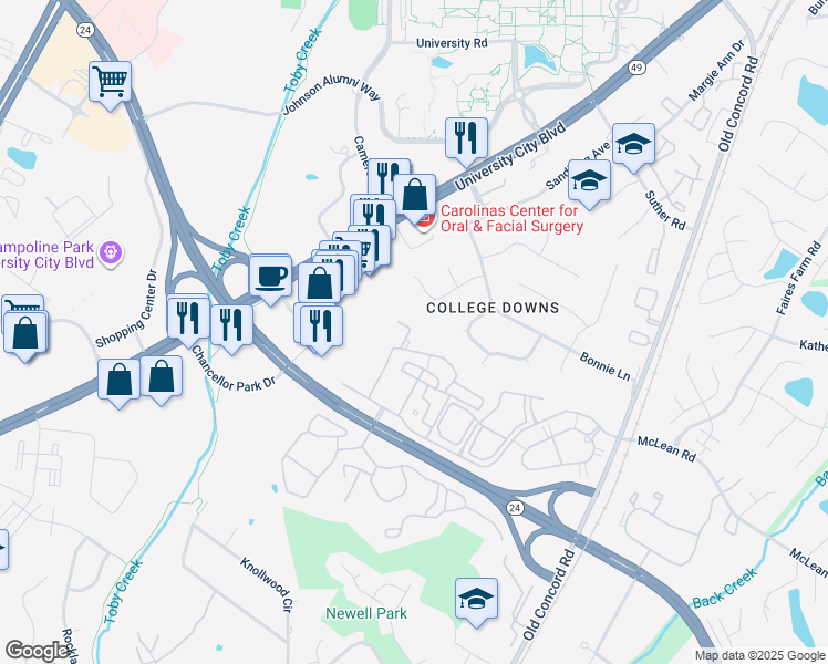 map of restaurants, bars, coffee shops, grocery stores, and more near 8666 Coralbell Lane in Charlotte