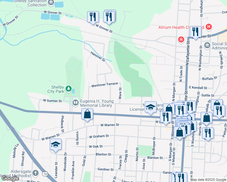 map of restaurants, bars, coffee shops, grocery stores, and more near 206 Worthington Street in Shelby