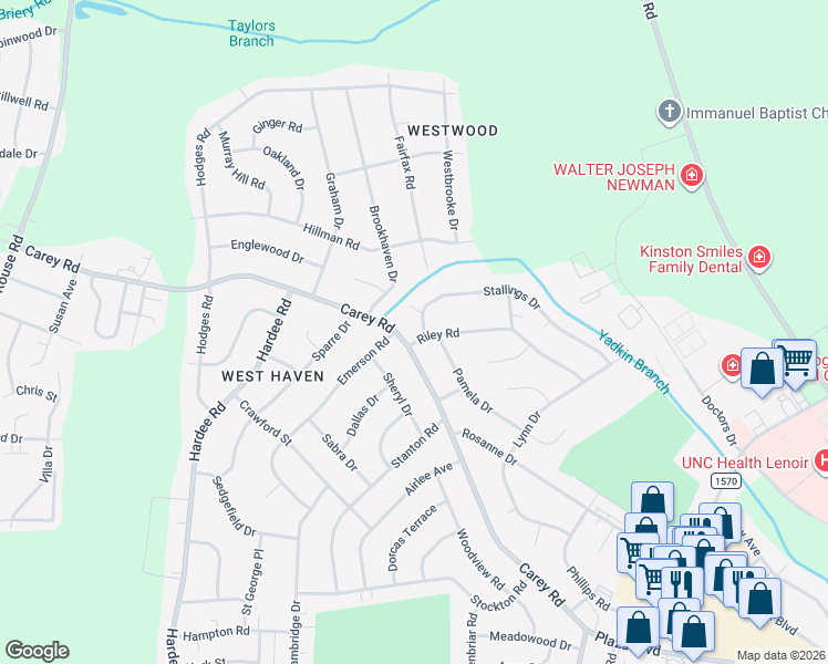 map of restaurants, bars, coffee shops, grocery stores, and more near 2100 Riley Road in Kinston
