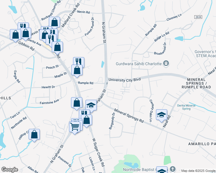map of restaurants, bars, coffee shops, grocery stores, and more near 6300 Rumple Road in Charlotte