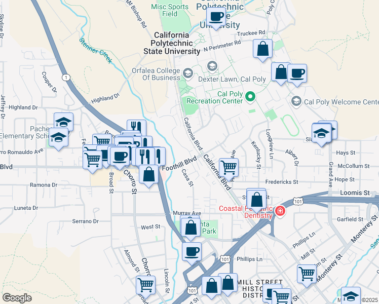 map of restaurants, bars, coffee shops, grocery stores, and more near 110 Mustang Drive in San Luis Obispo