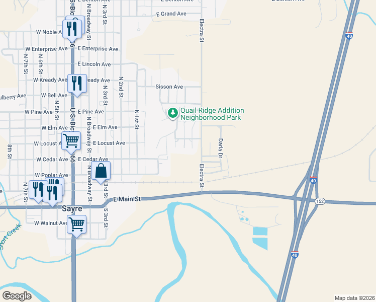 map of restaurants, bars, coffee shops, grocery stores, and more near 4 South Covey Street in Sayre