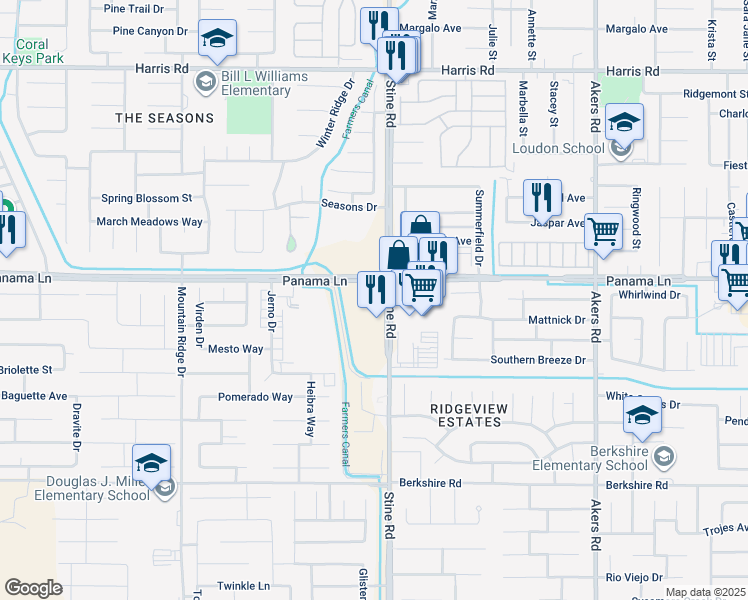map of restaurants, bars, coffee shops, grocery stores, and more near 6601 Stine Road in Bakersfield