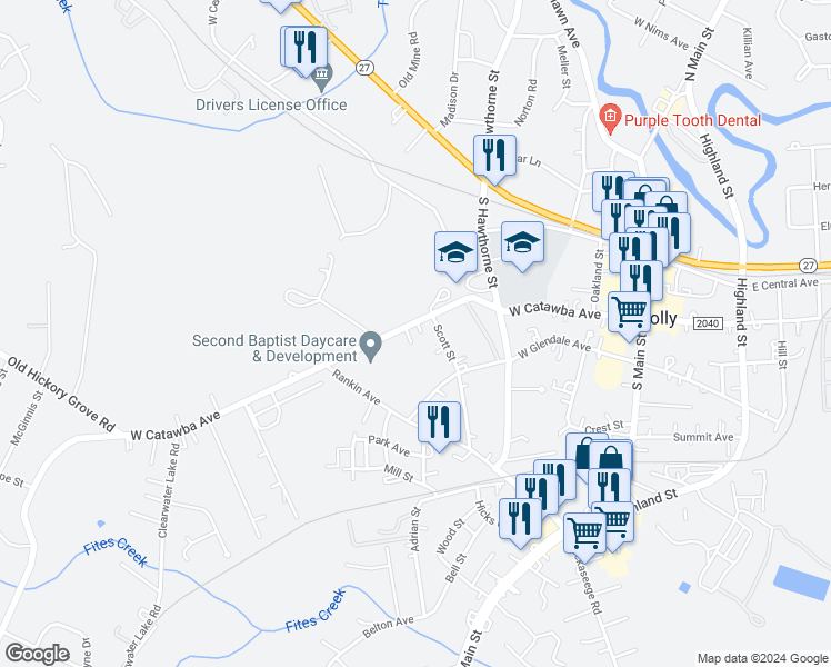 map of restaurants, bars, coffee shops, grocery stores, and more near 318 West Catawba Avenue in Mount Holly
