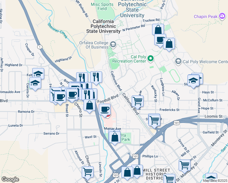 map of restaurants, bars, coffee shops, grocery stores, and more near 114 Mustang Drive in San Luis Obispo