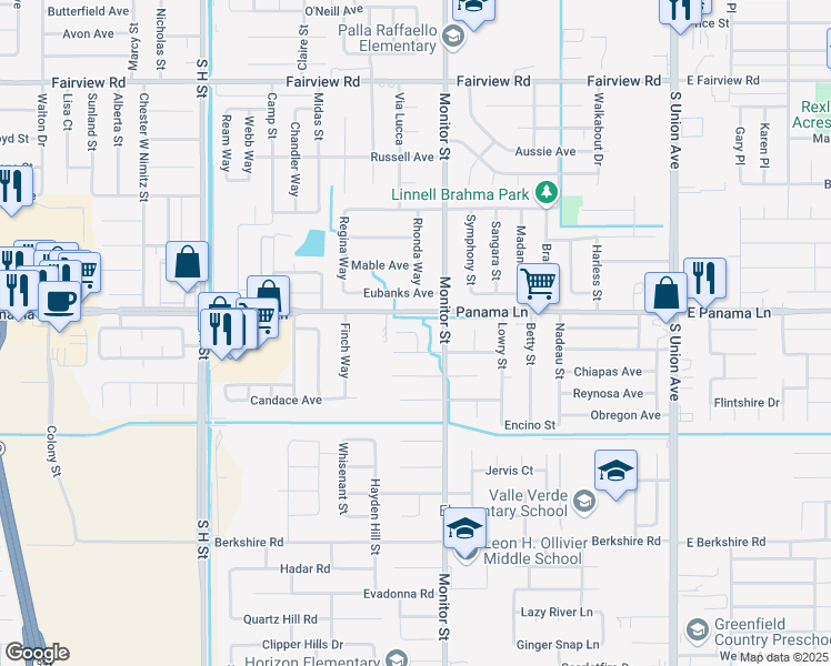 map of restaurants, bars, coffee shops, grocery stores, and more near 6520 Ashton Way Acres in Bakersfield