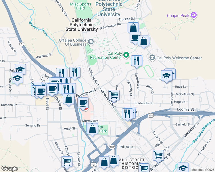 map of restaurants, bars, coffee shops, grocery stores, and more near 216 California Boulevard in San Luis Obispo