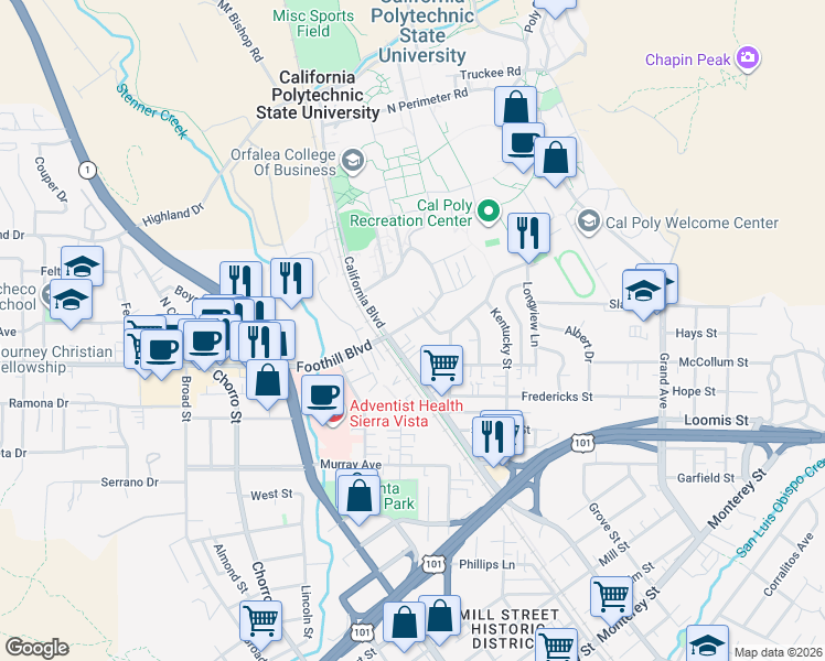 map of restaurants, bars, coffee shops, grocery stores, and more near 216 California Boulevard in San Luis Obispo