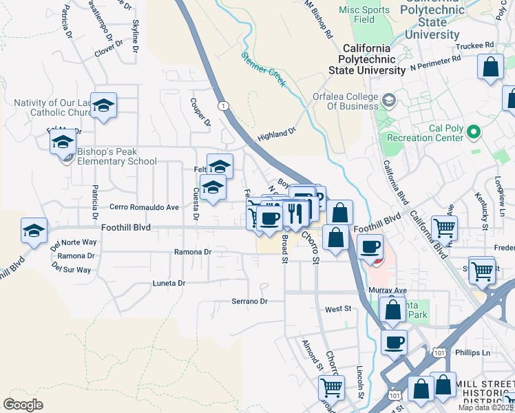 map of restaurants, bars, coffee shops, grocery stores, and more near 154 Ferrini Road in San Luis Obispo