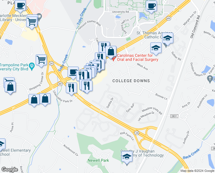 map of restaurants, bars, coffee shops, grocery stores, and more near 8666 Coralbell Lane in Charlotte