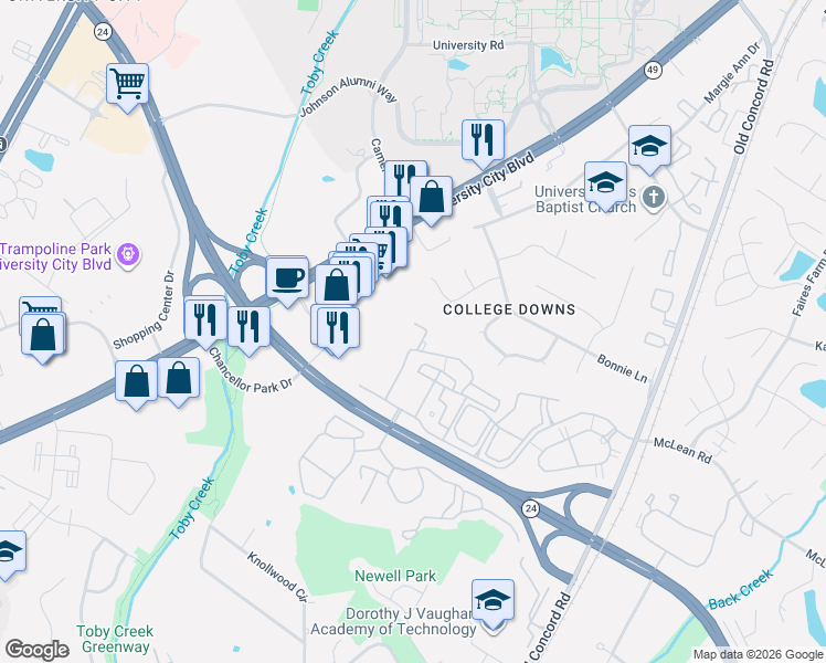 map of restaurants, bars, coffee shops, grocery stores, and more near 9179 Meadow Vista Road in Charlotte