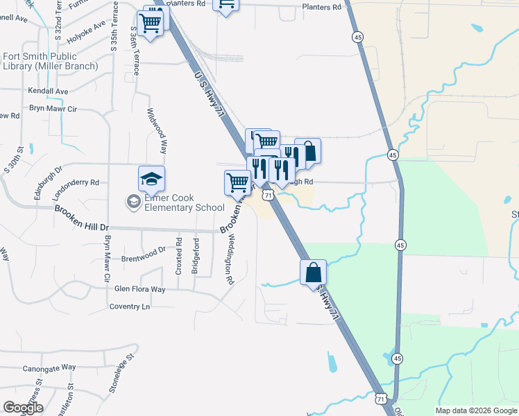 map of restaurants, bars, coffee shops, grocery stores, and more near 9300 Highway 71 South in Fort Smith
