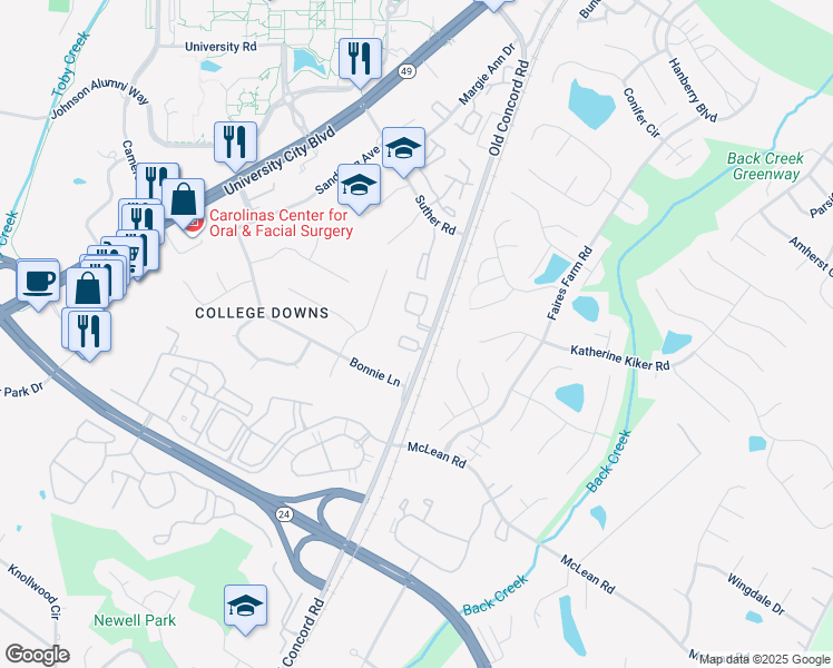 map of restaurants, bars, coffee shops, grocery stores, and more near 9409 Old Concord Road in Charlotte