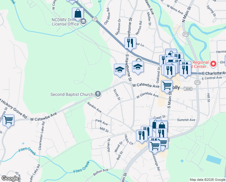 map of restaurants, bars, coffee shops, grocery stores, and more near 310 West Catawba Avenue in Mount Holly