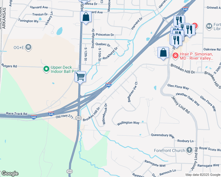 map of restaurants, bars, coffee shops, grocery stores, and more near 103 Stirling Circle in Fort Smith