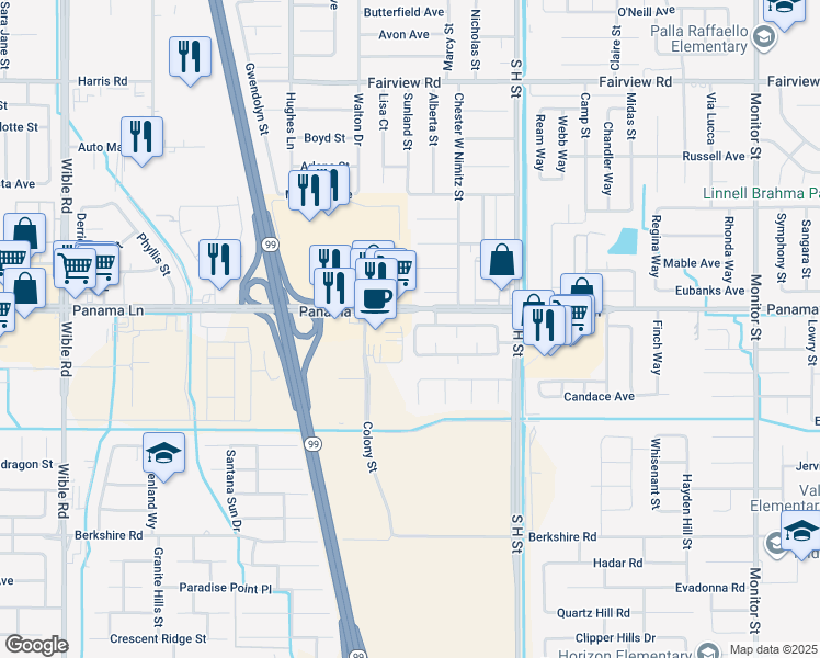 map of restaurants, bars, coffee shops, grocery stores, and more near 6505 Sky View Drive in Bakersfield