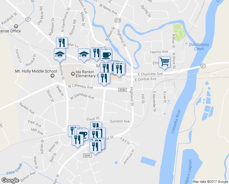 map of restaurants, bars, coffee shops, grocery stores, and more near 130 E Catawba Ave in Mt Holly