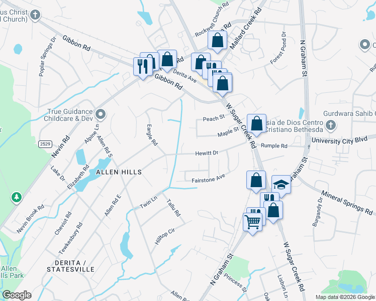 map of restaurants, bars, coffee shops, grocery stores, and more near 5715 Hewitt Drive in Charlotte