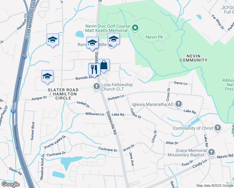 map of restaurants, bars, coffee shops, grocery stores, and more near 3420 Durham Lane in Charlotte