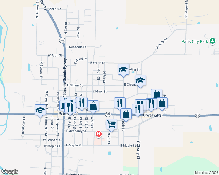 map of restaurants, bars, coffee shops, grocery stores, and more near 722 East Chism Street in Paris