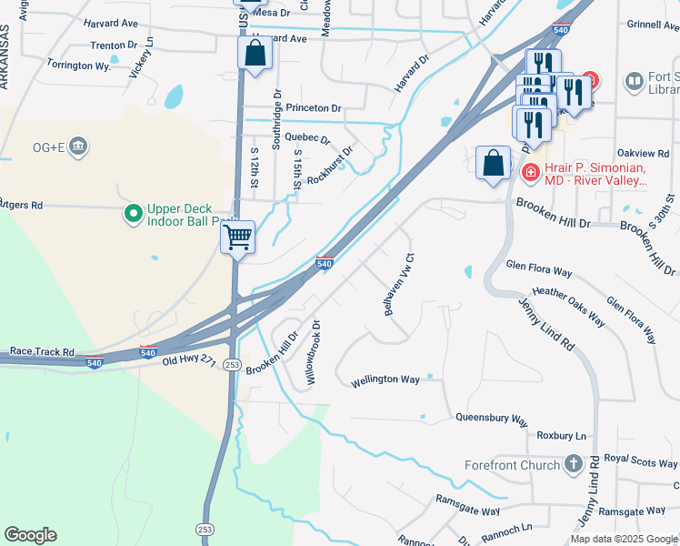 map of restaurants, bars, coffee shops, grocery stores, and more near 103 Stirling Circle in Fort Smith