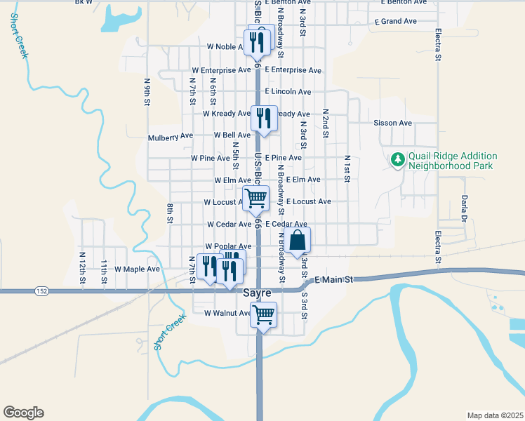 map of restaurants, bars, coffee shops, grocery stores, and more near 408 North 4th Street in Sayre