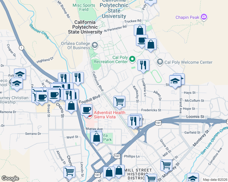 map of restaurants, bars, coffee shops, grocery stores, and more near 216 California Boulevard in San Luis Obispo
