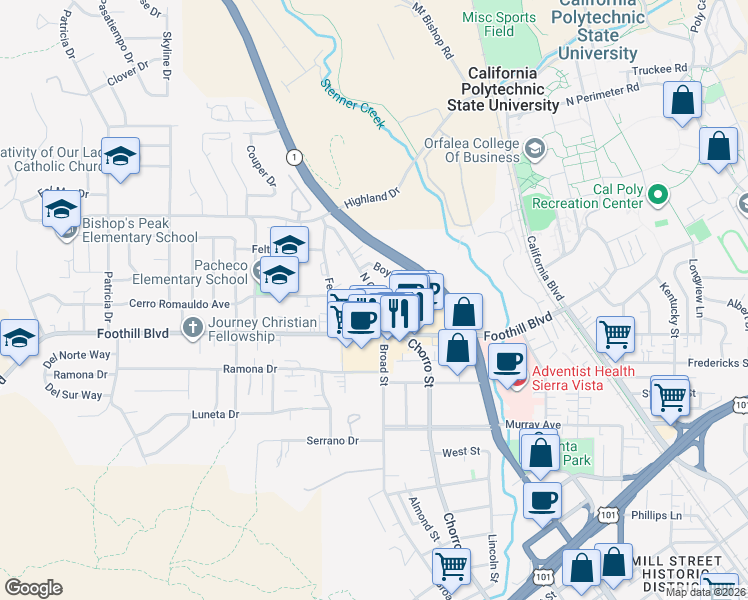map of restaurants, bars, coffee shops, grocery stores, and more near 229 North Chorro Street in San Luis Obispo