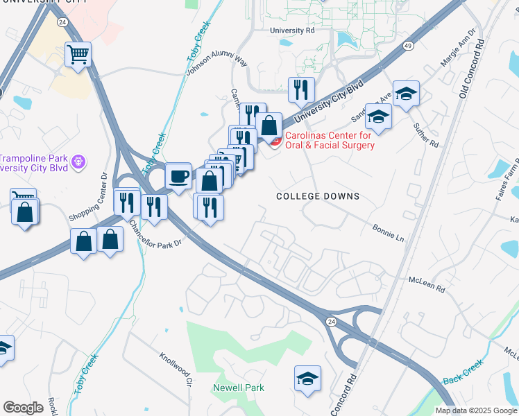 map of restaurants, bars, coffee shops, grocery stores, and more near 8666 Coralbell Lane in Charlotte