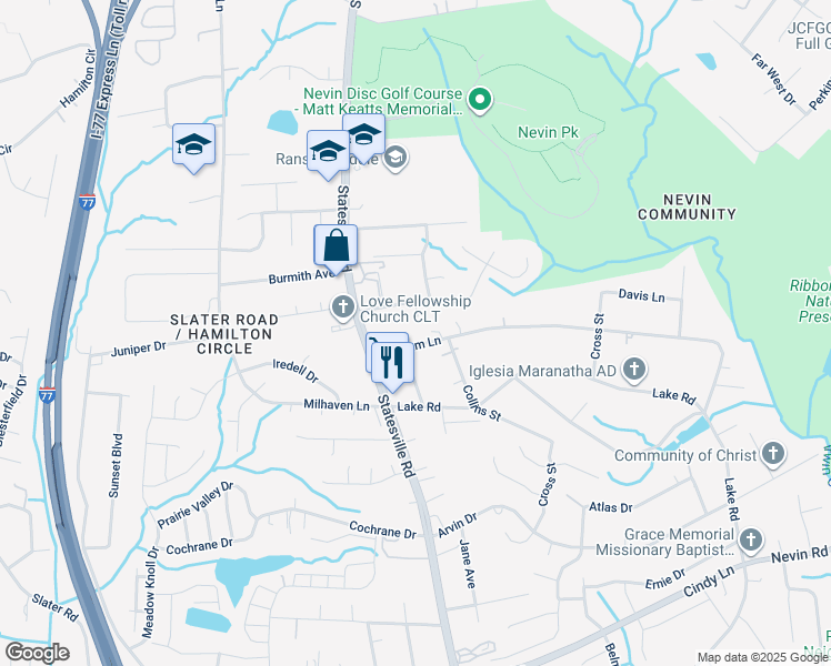 map of restaurants, bars, coffee shops, grocery stores, and more near 3420 Durham Lane in Charlotte