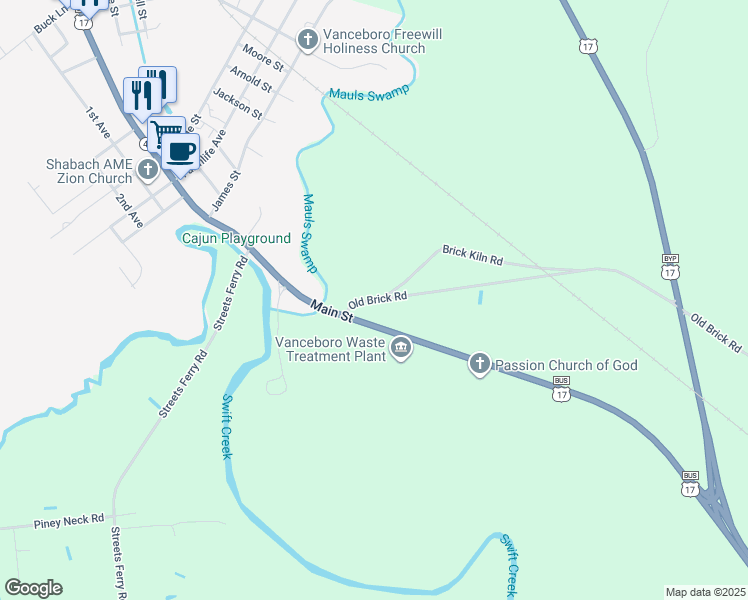 map of restaurants, bars, coffee shops, grocery stores, and more near State Road 1628 in Vanceboro