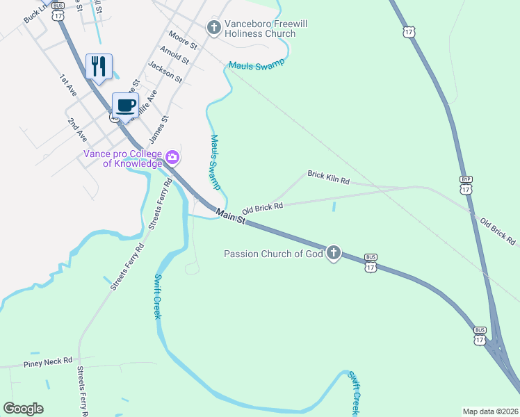 map of restaurants, bars, coffee shops, grocery stores, and more near 130 Old Brick Rd in Vanceboro