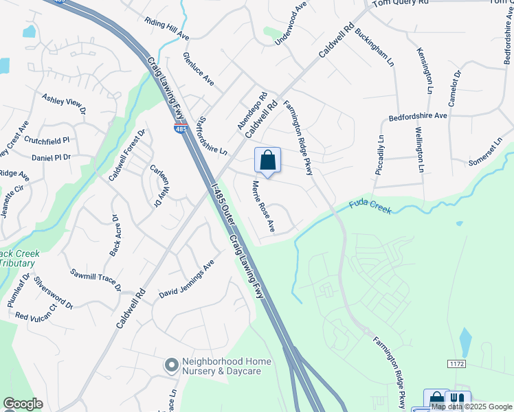 map of restaurants, bars, coffee shops, grocery stores, and more near 8907 Merrie Rose Avenue in Charlotte