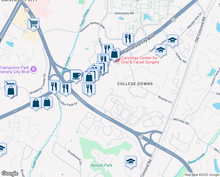 map of restaurants, bars, coffee shops, grocery stores, and more near 8666 Coralbell Lane in Charlotte