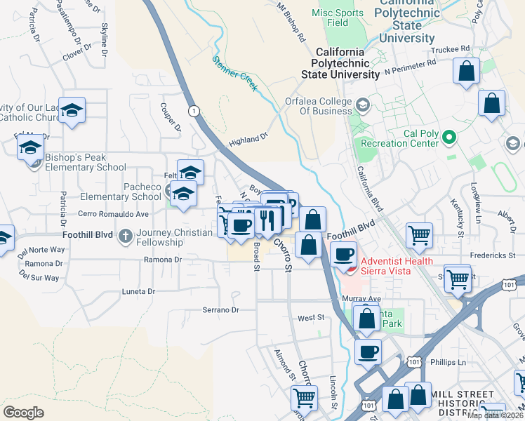 map of restaurants, bars, coffee shops, grocery stores, and more near 229 North Chorro Street in San Luis Obispo