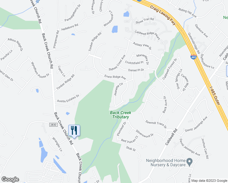 map of restaurants, bars, coffee shops, grocery stores, and more near 9843 Jeanette Circle in Charlotte