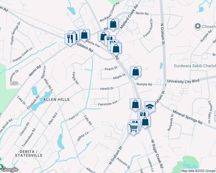 map of restaurants, bars, coffee shops, grocery stores, and more near 3027 Fairglen Road in Charlotte