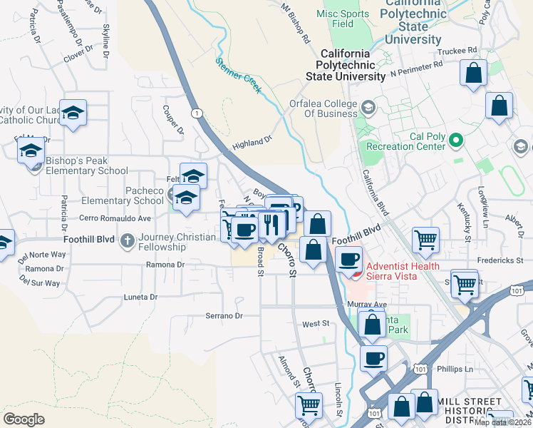 map of restaurants, bars, coffee shops, grocery stores, and more near 229 North Chorro Street in San Luis Obispo