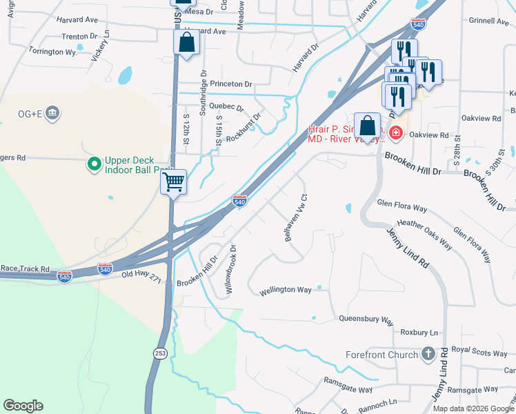 map of restaurants, bars, coffee shops, grocery stores, and more near 90 Stirling Court in Fort Smith