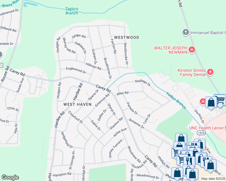 map of restaurants, bars, coffee shops, grocery stores, and more near 2100 Riley Road in Kinston
