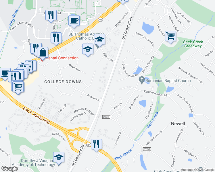 map of restaurants, bars, coffee shops, grocery stores, and more near Old Concord Road & Lexington Circle in Charlotte