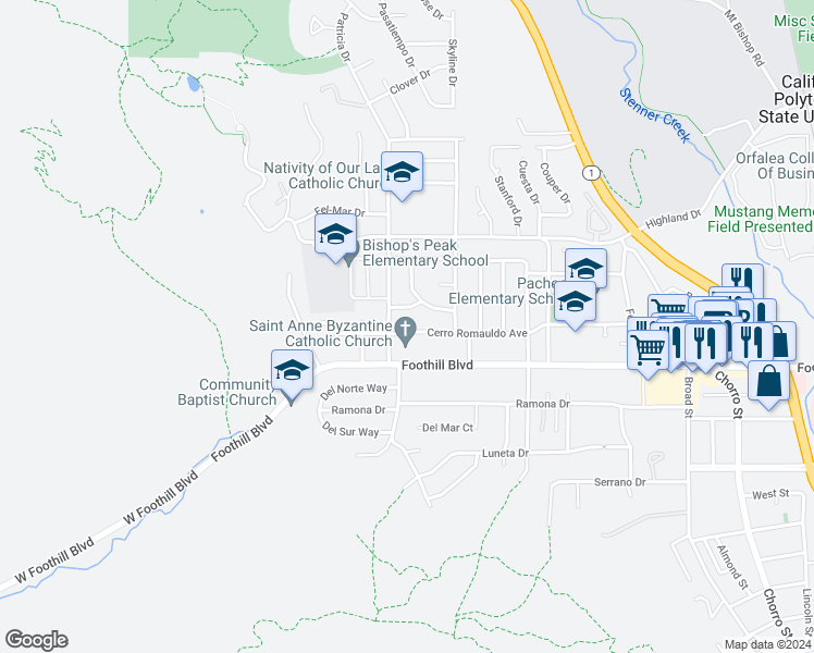 map of restaurants, bars, coffee shops, grocery stores, and more near 234 Cerro Romauldo Avenue in San Luis Obispo